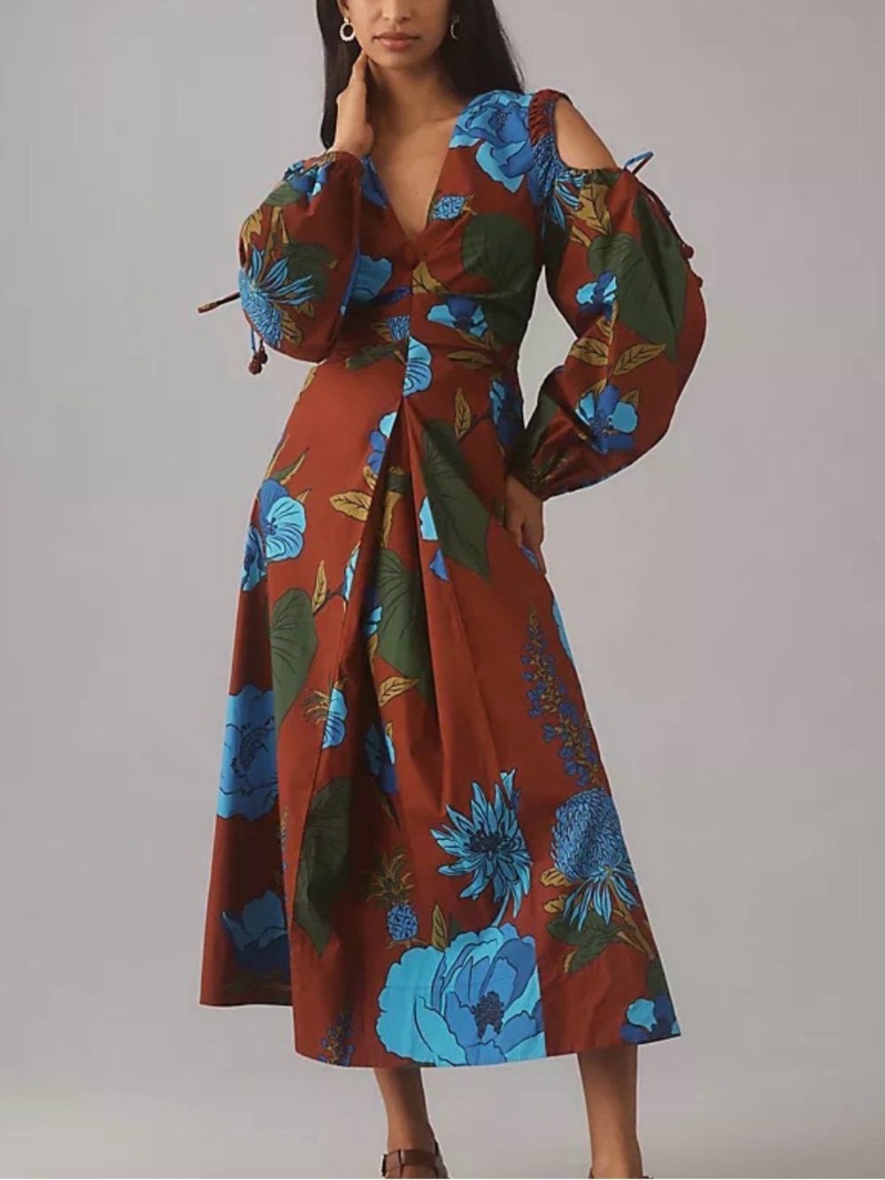 Anthropologie Rust Midi Dress with Blue Floral Print